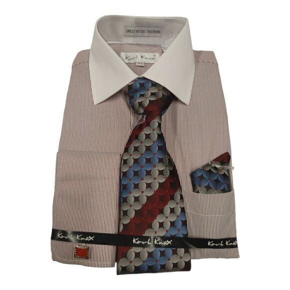 MEN'S KARL KNOX BURGUNDY- WHITE VERTICAL STRIPE COMBO SET. SX4482. - Picture 2 of 5